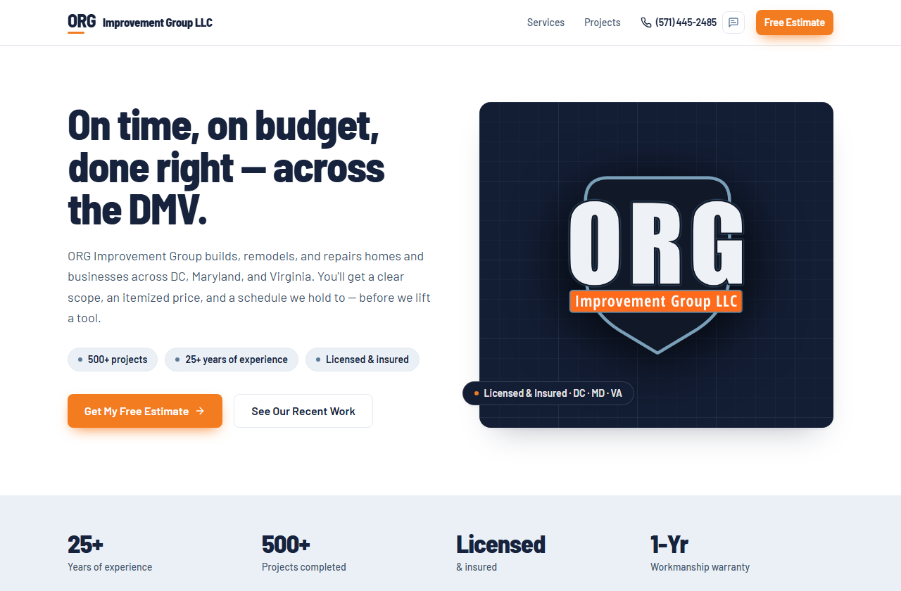 The ORG Improvement Group homepage: on time, on budget, done right across the DMV, with a free estimate button